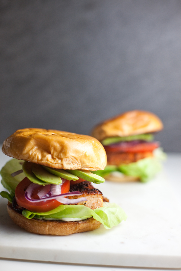 Two salmon sandwiches on a white surface