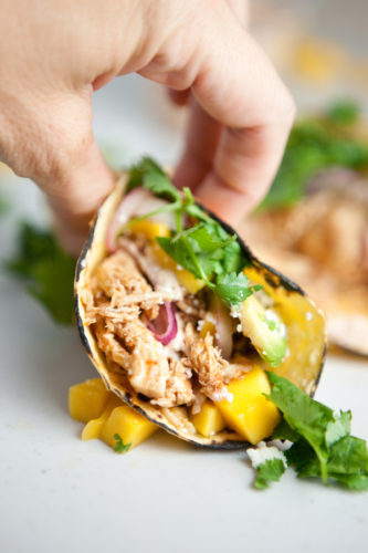 Instant pot chipotle chicken piled in tacos