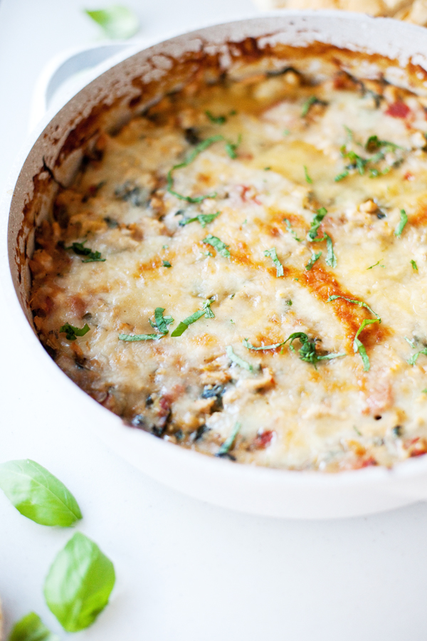 Up close photo cheesy spaghetti squash bake in one pan.