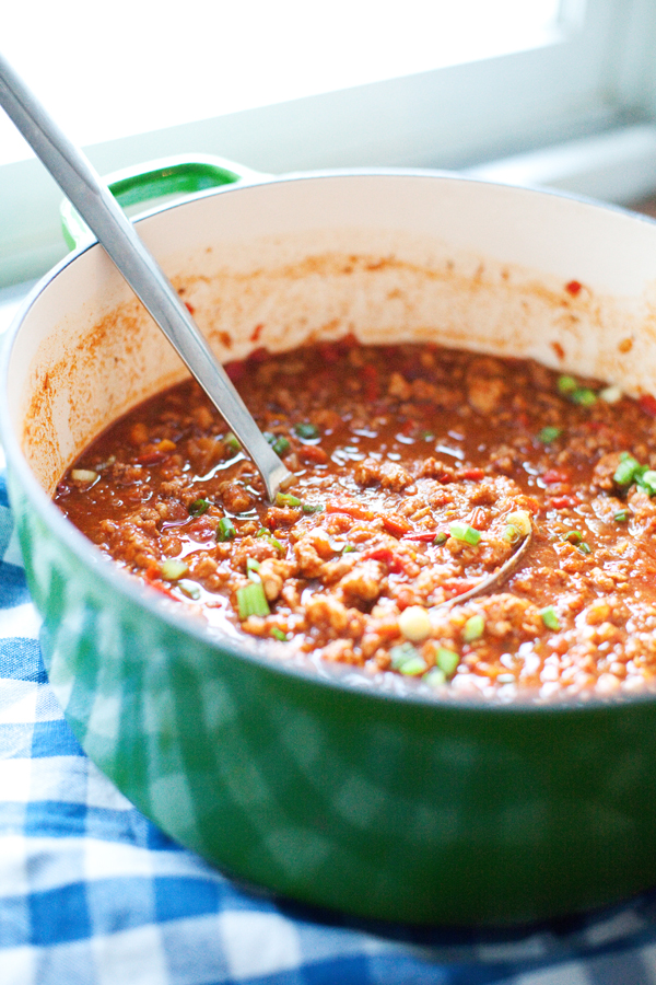 Pot of chili with ladle