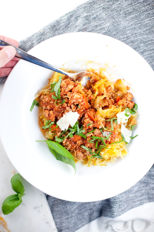 Bowl of turkey bolognese over spaghetti squash
