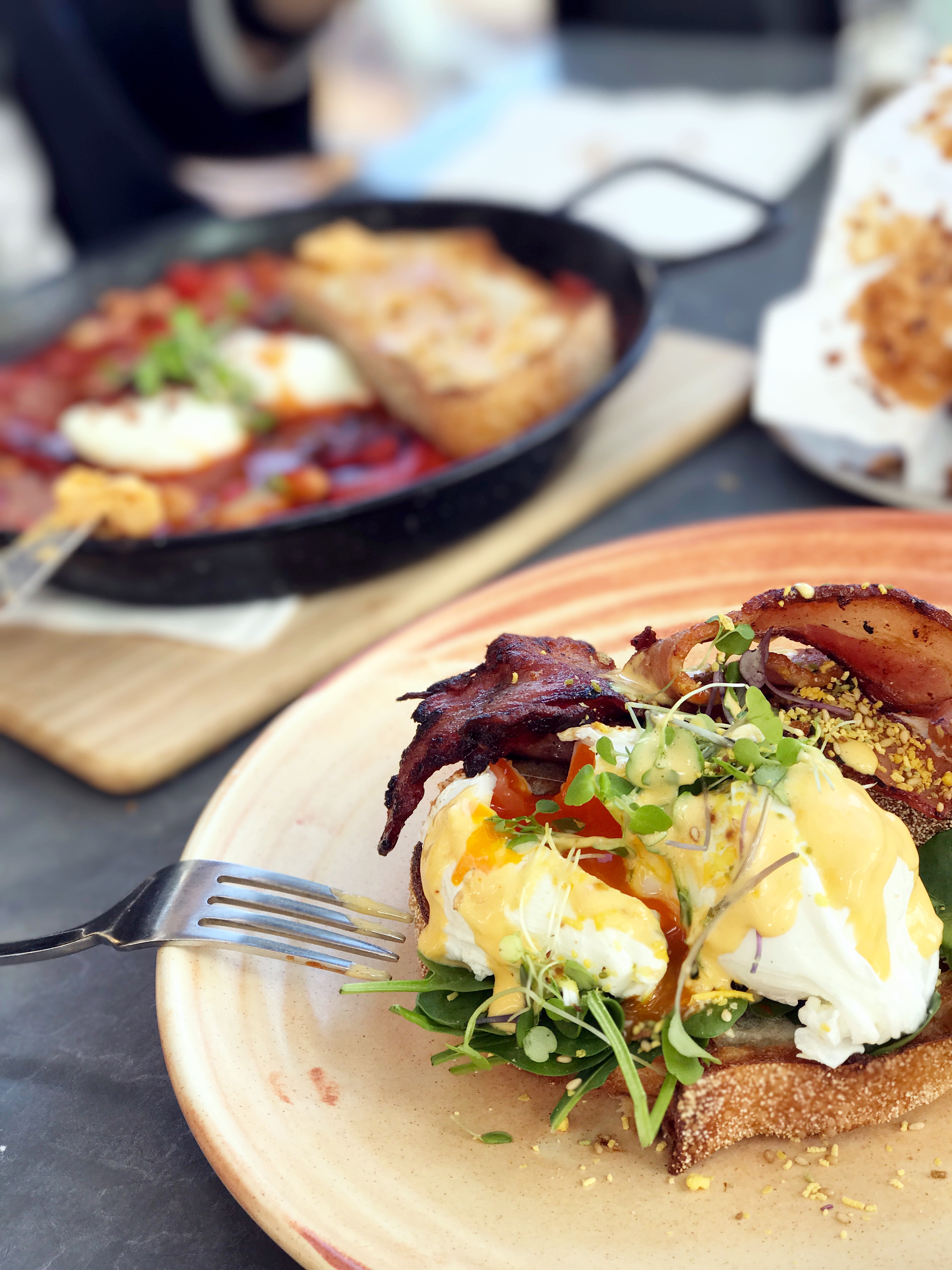 A plate with toast, poached eggs, bacon, greens, and sauce—perfect for those keeping an eye on macro counting. In the background, a skillet with more toast, eggs, and food can be seen. A fork rests on the plate.