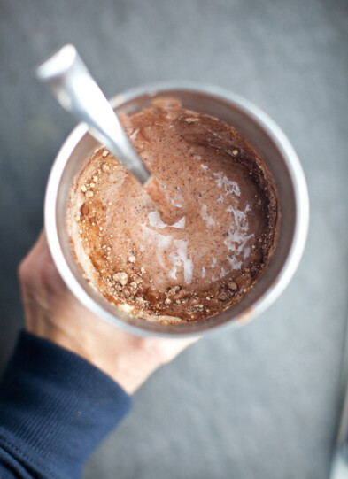 protein shake in a large metal tumbler