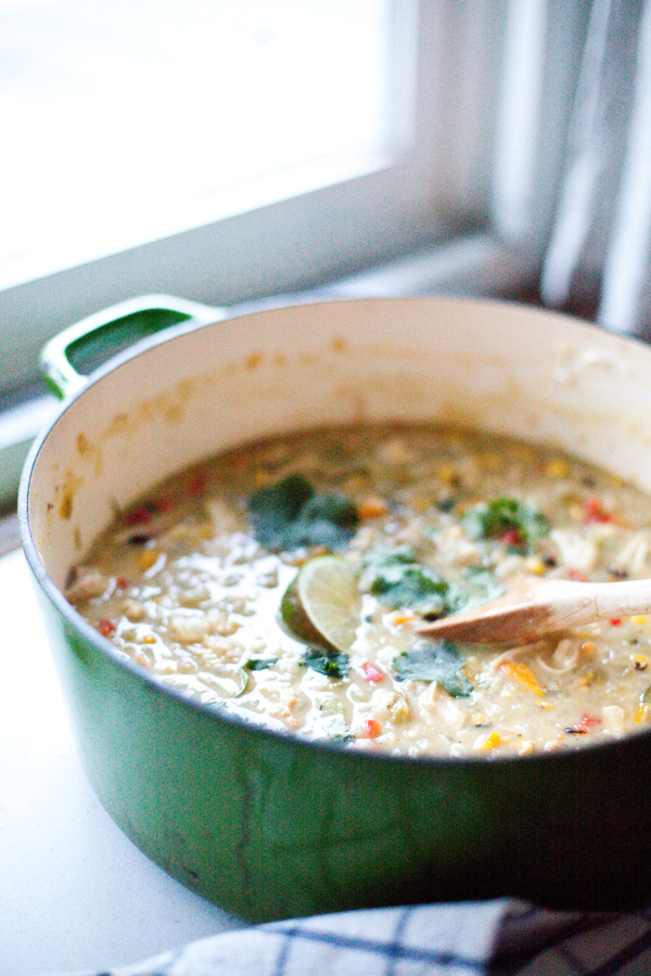 Large pot of creamy chicken chili from the side