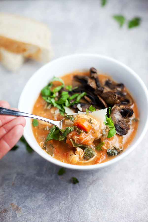 Instant Pot Creamy Tomato Chicken Soup in a bowl with mushrooms
