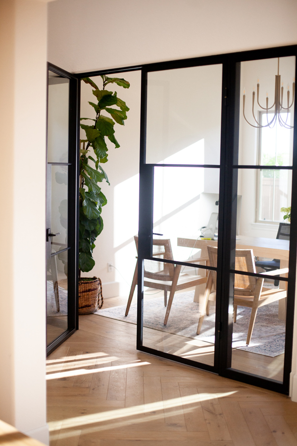 Modern office with Pinkys Iron Doors featuring elegant glass doors, wooden chairs around a table, a tall potted plant in the corner, and sunlight streaming in through large windows, creating a bright and inviting workspace.