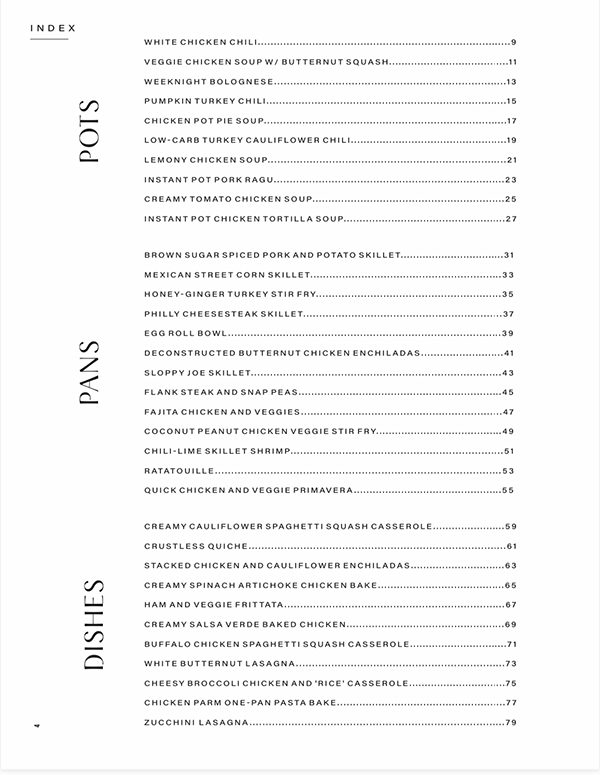 Index page listing recipes under three categories: Pots, Pans, and Dishes—with dish names and corresponding page numbers in a clean, minimalist font design. Featuring selections from Lillie Eats and Tells New Cookbook, this collection offers a healthy twist on single dish comforts.