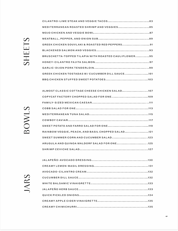 A cookbook index page inspired by Lillie Eats and Tells New Cookbook, featuring three sections: Sheets, Bowls, and Jars. Each section lists various recipes with their corresponding page numbers in a minimalist, black and white layout—offering a healthy twist on single dish comforts.