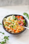 A black bowl filled with brown rice, shredded chicken, cabbage, tomatoes, pickled onions, cucumber, cilantro, and a drizzle of sauce creates a vibrant Easy Buffalo Chicken Grain Salad, with a fork resting in the bowl.