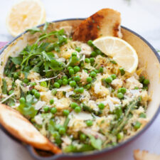 The spring flavors are delicious in this skillet meal with spaghetti squash and asparagus. www.lillieeatsandtells.com