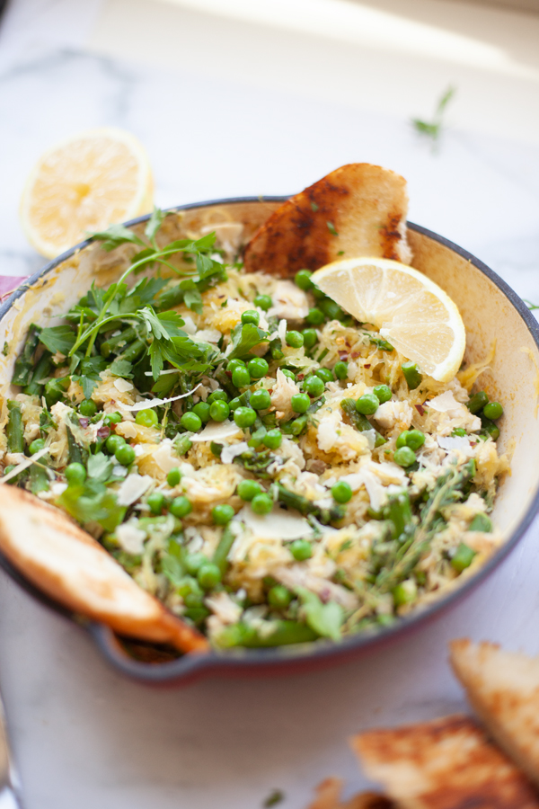 The spring flavors are delicious in this skillet meal with spaghetti squash and asparagus. www.lillieeatsandtells.com