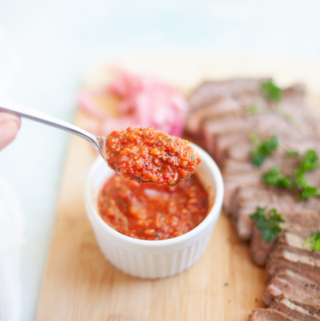 Romesco sauce in a small serving bowl.