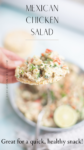 A hand holds a serving of Quick Mexican Chicken Salad over a bowl. The text reads: Quick Mexican Chicken Salad. Great for a quick, healthy snack! A lime wedge and spoon are visible in the blurred background.
