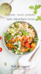 A bowl filled with salmon, sweet potato, cherry tomatoes, cucumber, arugula, rice, feta, and herbs sits next to a fork and chimichurri sauce. Text reads: Salmon sweet potato and chimichurri salad bowl. Full of veggies!.