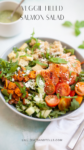 A colorful bowl of salad featuring flaky salmon, cherry tomatoes, cucumber, sweet potato, greens, feta, and creamy avocado. A small bowl of chimichurri dressing sits nearby to drizzle on top. Text reads Veggie Filled Salmon Sweet Potato and Chimichurri Salad. Website: lillieeatsandtells.com.