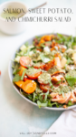 A plate of salmon sweet potato and chimichurri salad features perfectly cooked salmon, roasted sweet potato, cherry tomatoes, fresh greens, and a drizzle of vibrant chimichurri sauce, placed next to a cup of dressing. Text reads: Salmon, Sweet Potato, and Chimichurri Salad.