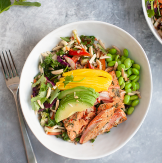 A white bowl filled with soy ginger salmon, sliced avocado, mango, edamame, greens, red onion, tomatoes, Asian slaw, and slivered almonds. A fork is placed beside the bowl on a gray surface.