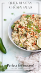 A bowl of Quick Mexican Chicken Salad with chopped vegetables and herbs, garnished with lime slices. Text reads: Quick Mexican Chicken Salad. Perfect for macros! lillieeatsandtells.com. A jalapeño and napkin are nearby.