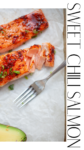 Close-up of sweet chili salmon fillets, glazed and topped with chopped green onions on parchment, a fork resting beside one piece. SWEET CHILI SALMON is written in tall letters on the right side, while part of an avocado is visible in the bottom left.