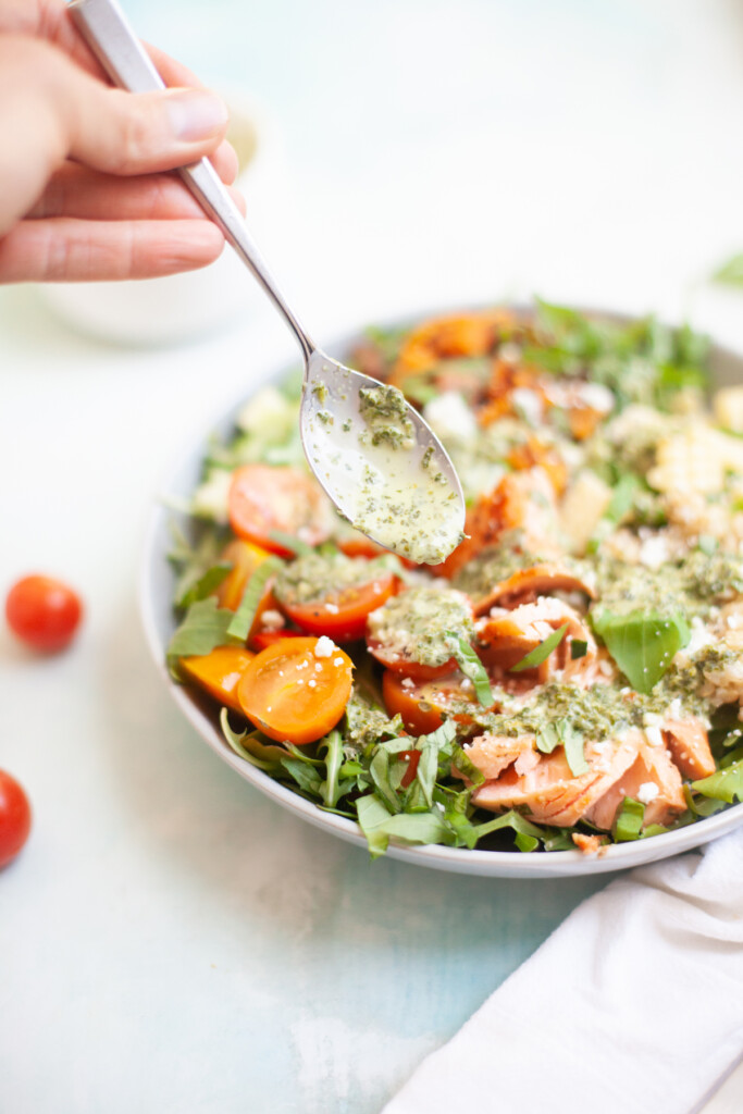 Salmon and sweet potato macro-friendly salad with delicious chimichurri dressing. www.lillieeatsandtells.com