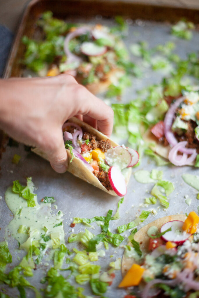 sheet pan tacos with cilantro lime ranch recipe by www.lillieeatsandtells.com