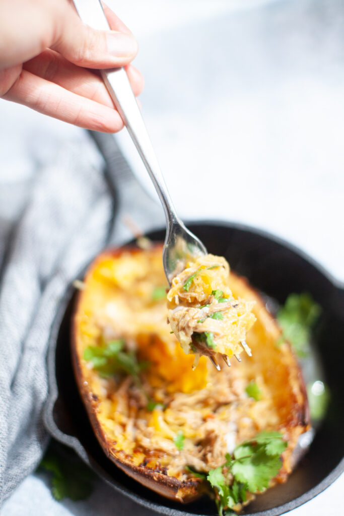 www.lillieeatsandtells.com recipe for pulled pork spaghetti squash boats with a fried egg