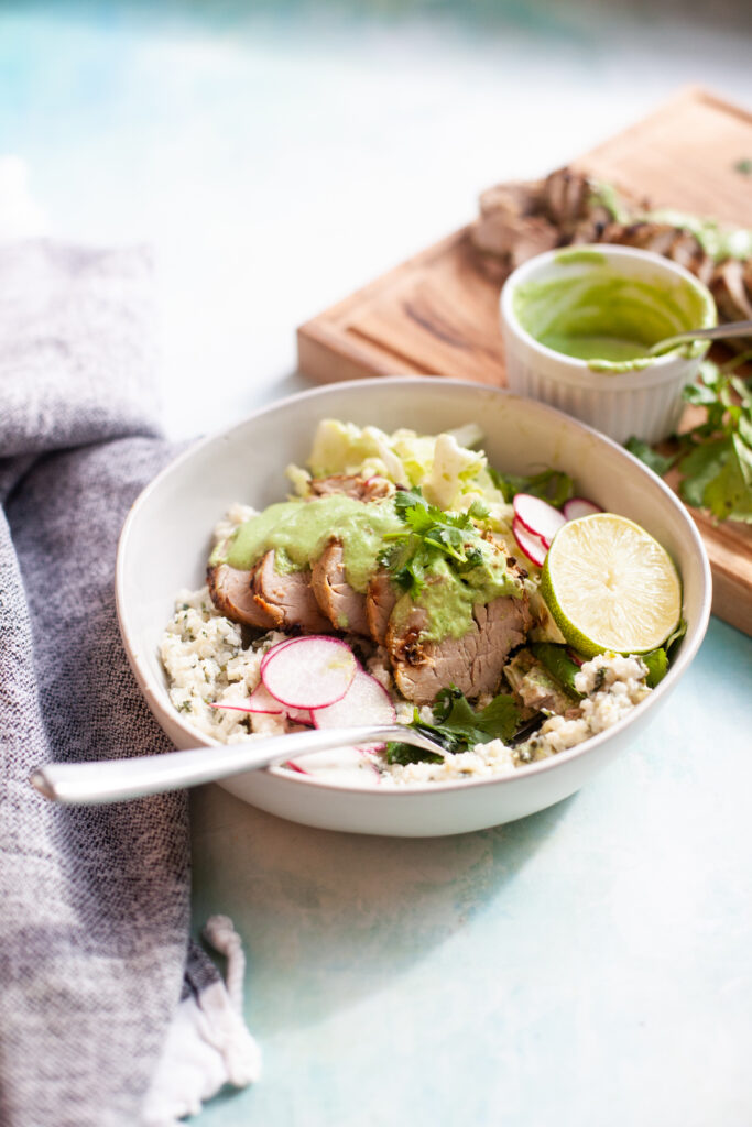 www.lillieeatsandtells.com recipe for pineapple cilantro jalapeno air fried pork tenderloin. serving suggestion with cilantro rice