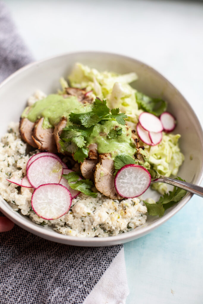 Jalapeno Cilantro Pork and Cauliflower Rice Bowl recipe by www.lillieeatsandtells.com