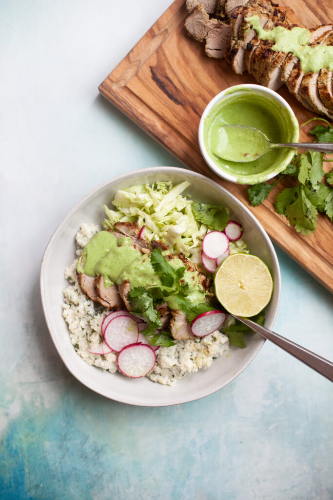 Jalapeno Cilantro Pork and Cauliflower Rice Bowl recipe by www.lillieeatsandtells.com