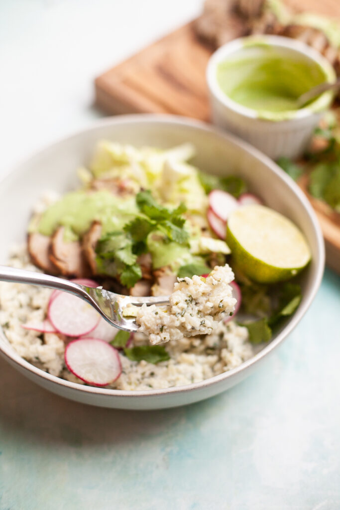 Coconut Cilantro Sticky Cauliflower Rice served with Pineapple Cilantro Pork Tenderloin by www.lillieeatsandtells.com