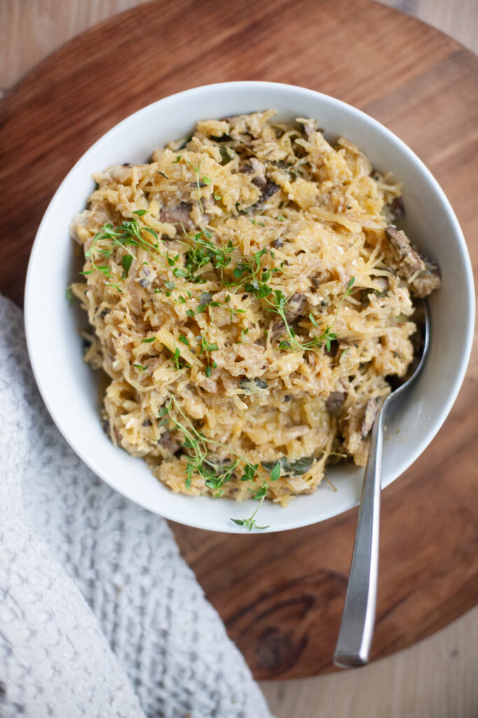 Mushroom and Thyme Baked Feta Spaghetti Squash recipe by www.lillieeatsandtells.com