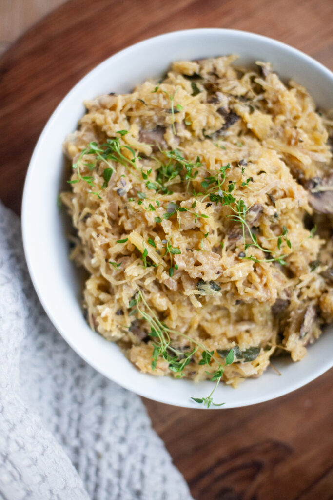 Mushroom and Thyme Baked Feta Spaghetti Squash recipe by www.lillieeatsandtells.com