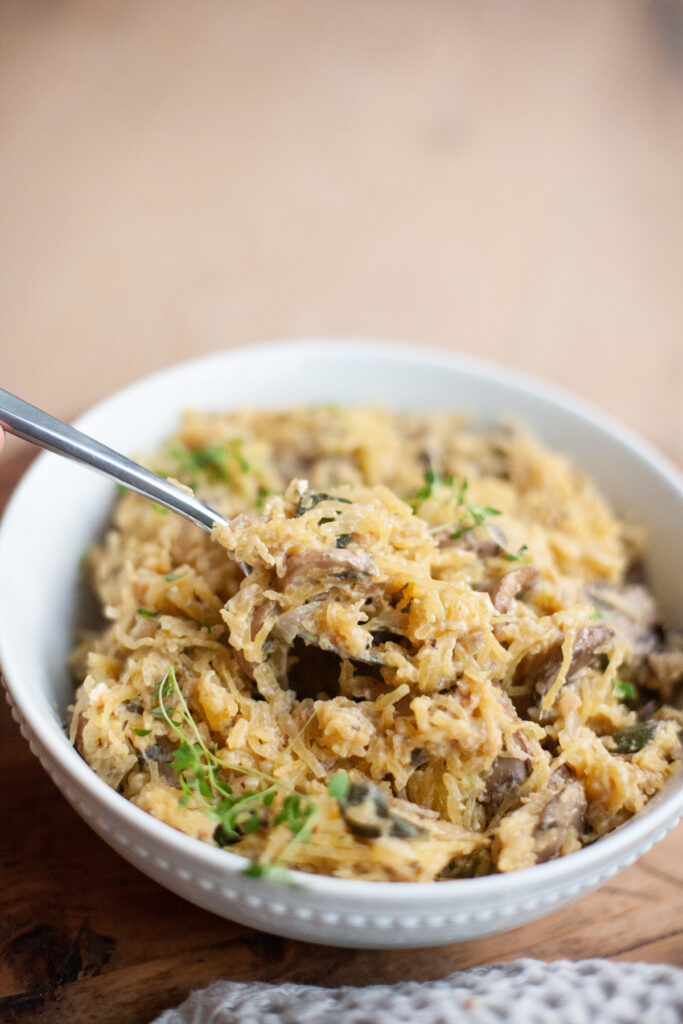 Mushroom and Thyme Baked Feta Spaghetti Squash recipe by www.lillieeatsandtells.com
