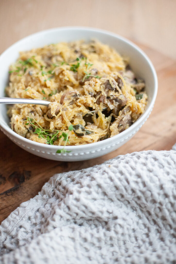 Mushroom and Thyme Baked Feta Spaghetti Squash recipe by www.lillieeatsandtells.com
