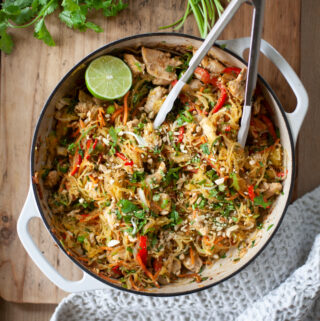 Spaghetti squash pad thai in large cast iron skillet.