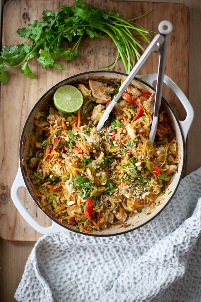 Spaghetti squash pad thai in large cast iron skillet.