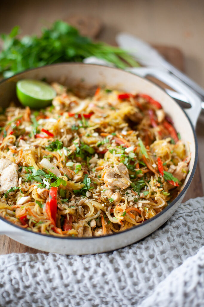 Spaghetti squash pad thai in large cast-iron skillet.