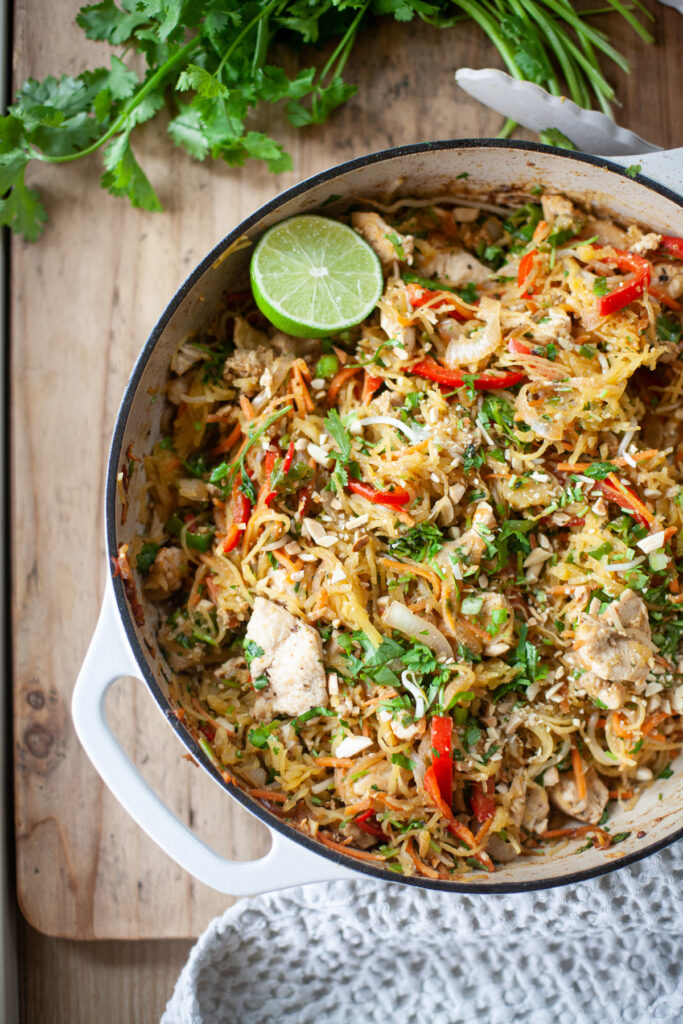 Spaghetti squash pad thai in large cast iron skillet.