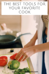 A person chops vegetables on a cutting board in a kitchen, with the text The best kitchen favorites every cook will love above and a website link below.