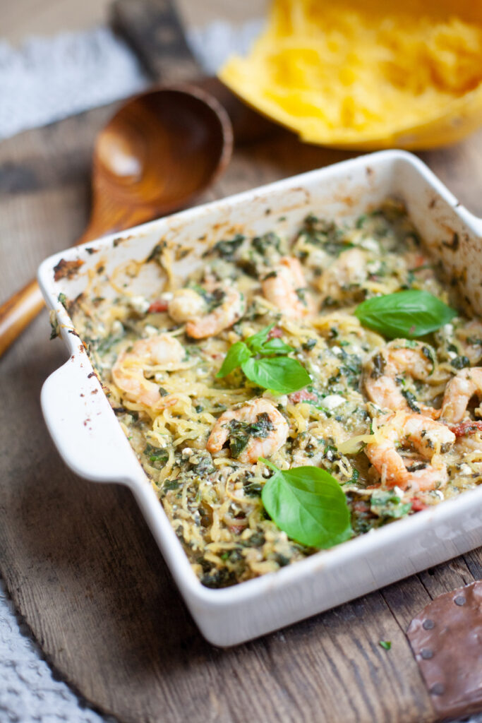 Baked Ricotta Spaghetti Squash with Shrimp in a 9x13 dish. Recipe by www.lillieeatsandtells.com