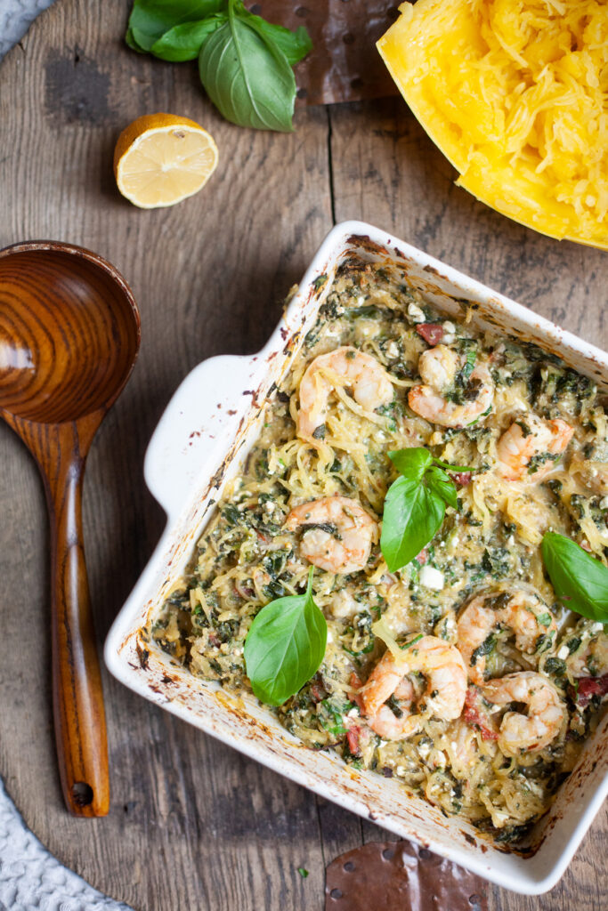Baked Ricotta Spaghetti Squash with Shrimp in a 9x13 dish. Recipe by www.lillieeatsandtells.com