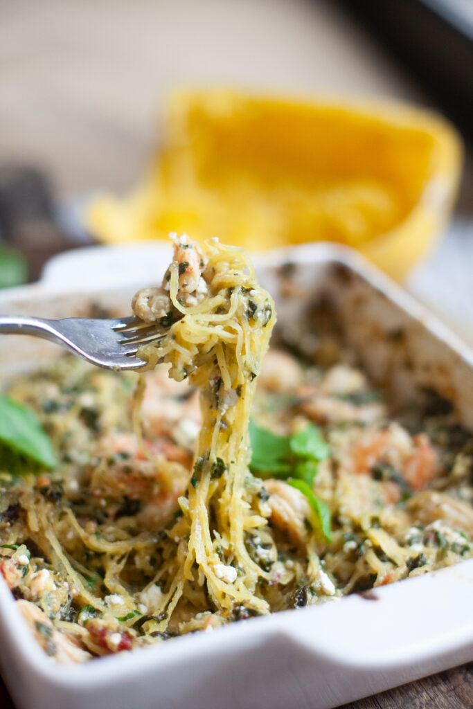Baked Ricotta Spaghetti Squash with Shrimp in a 9x13 dish. Recipe by www.lillieeatsandtells.com