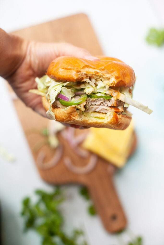 macro friendly lunch option Pineapple Jalapeño Pork Sandwich by www.lillieeatsandtells.com