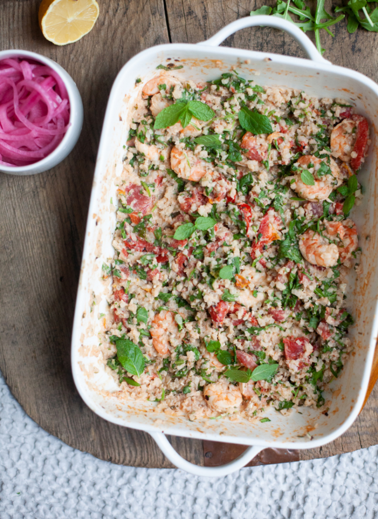 Easy and macro-friendly baked feta cauliflower rice with shrimp. www.lillieeatsandtells.com