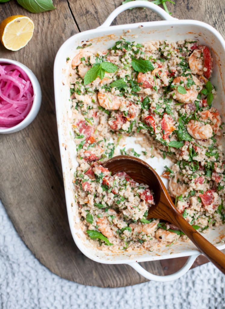 Cheesy and delicious baked cauliflower rice with feta and shrimp that fits your macros. www.lillieeatsandtells.com