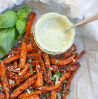 Lillie Eats and Tell's Roasted parmesan carrots with basil yogurt sauce www.lillieeatsandtellscom.bigscoots-staging.com