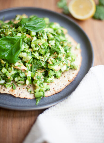 Pile your Choppy Chopped Green Goddess Salmon Salad high on top of grilled flatbread.