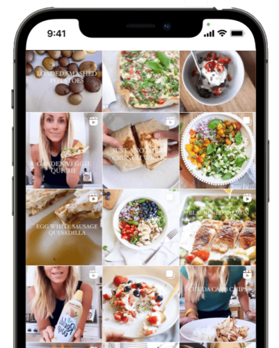 A smartphone screen displays a grid of food and recipe images, including plates of salads, quesadillas, potatoes, toast, and women holding dishes—resembling a social media feed focused on healthy meals and cooking. This vibrant display perfectly captures the essence of About Lillie Eats and Tells, where wholesome recipes and delicious inspiration are shared daily.