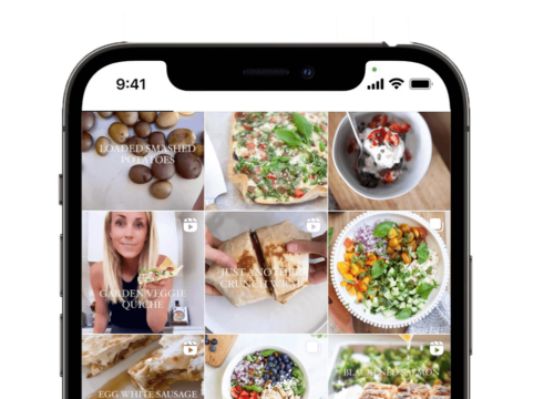 A smartphone screen displays a grid of food photos, including salads, quiche, flatbread, potatoes, and a dessert—all labeled with overlaid text—showcasing easy macro friendly recipes. The phone time reads 9:41.