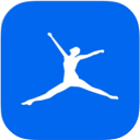 White silhouette of a person jumping with arms and legs outstretched, centered on a blue square background with rounded corners—an energetic visual that could represent the active lifestyle inspired by macro friendly recipes.